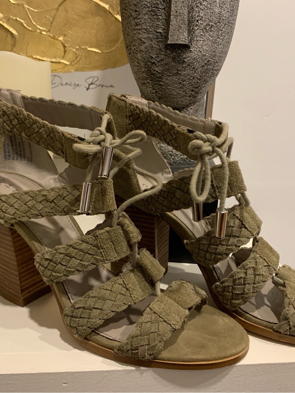 Olive Green Suede Woven Block Heel Sandals Size 8.5
